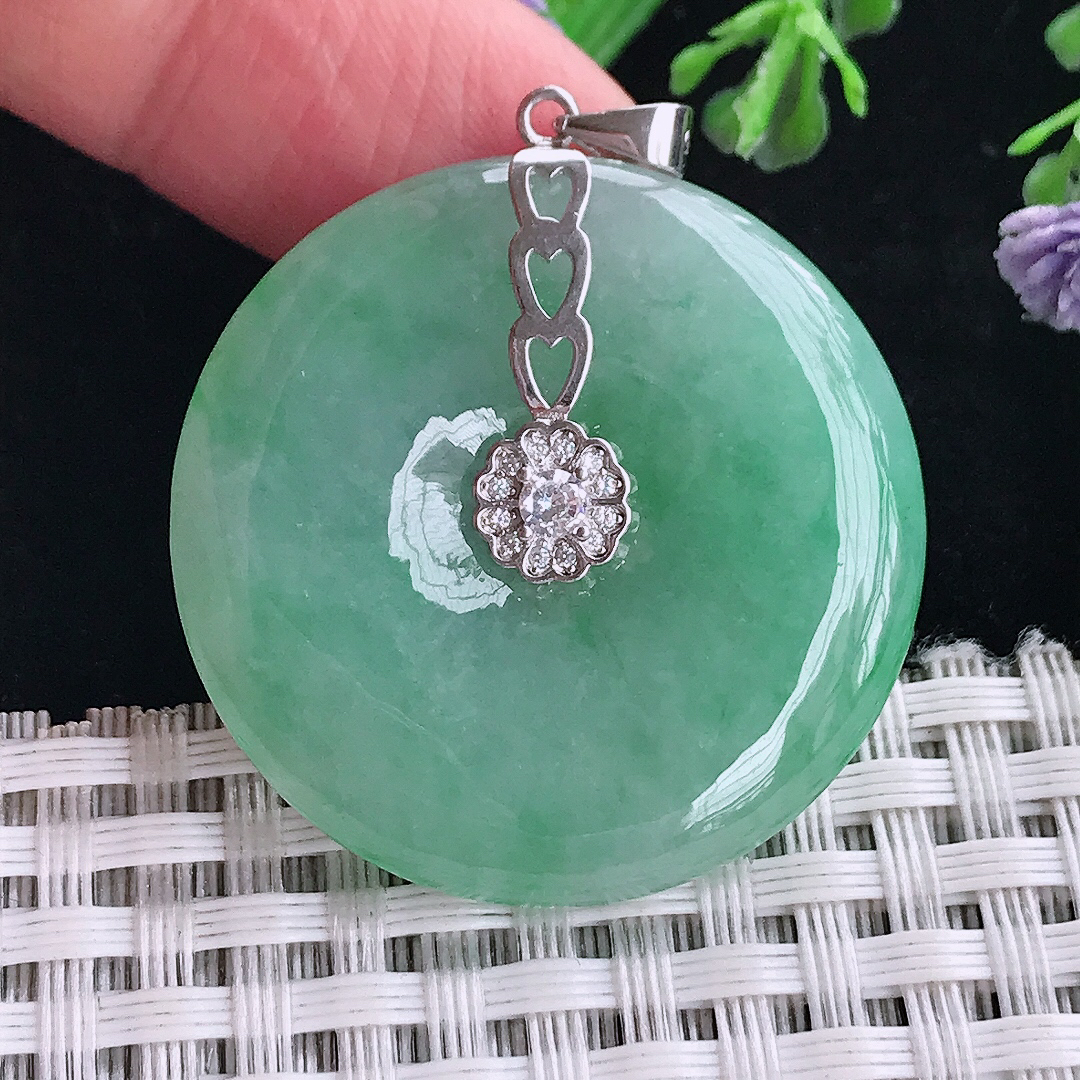 实拍A货翡翠33.8/6老坑18k金镶嵌满绿平安扣吊坠翡翠玉扣挂件