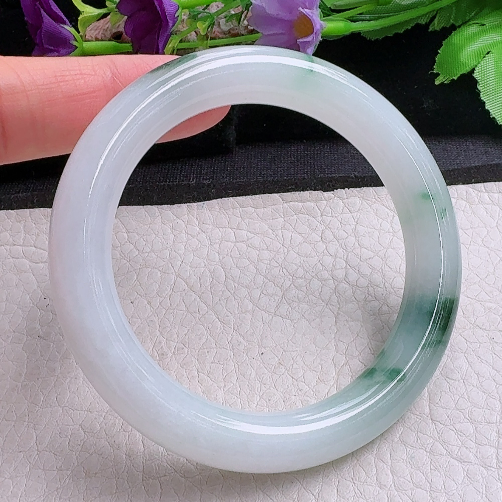 yh飘花款55*10.4*10.2美人镯 缅甸翡翠a货手镯冰飘花圆条玉镯子