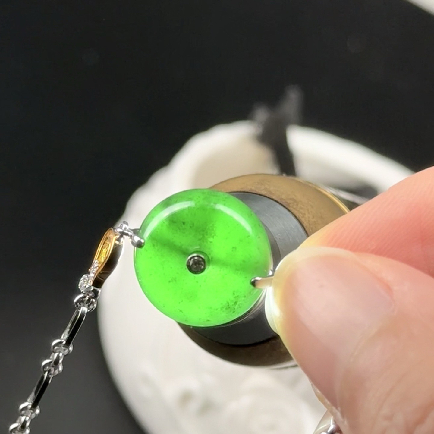 精品18k墨翠平安扣手链 重金豪镶 饱满大气 打灯通透 油性十足 尺寸13.3