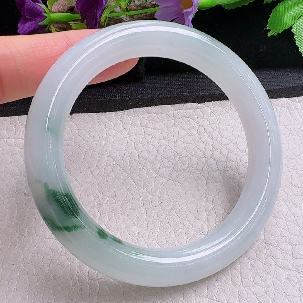 yh飘花款55*10.4*10.2美人镯 缅甸翡翠a货手镯冰飘花圆条玉镯子