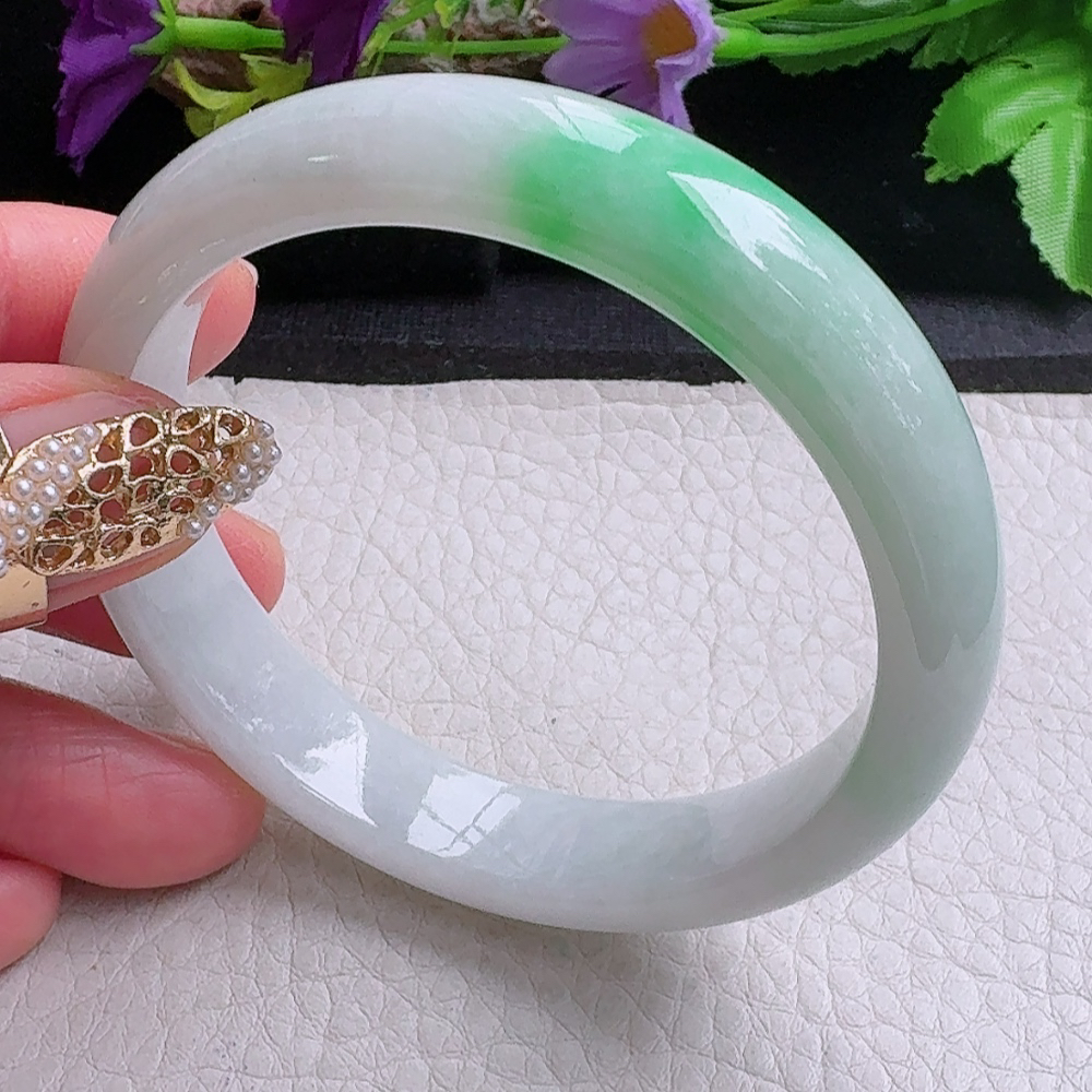 xx实拍55*12*7.2平安镯 缅甸翡翠a货手镯飘绿细润正圈玉镯子