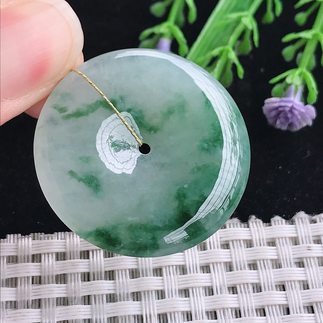 实拍A货翡翠34.7/5.6老坑冰胶飘花平安扣吊坠翡翠玉扣挂件