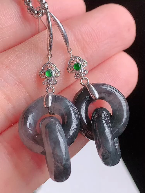 ️天然翡翠 冰种黑钢甜甜圈耳坠，无裂，18k金镶嵌，重金，42.8/14.6/14.6，14.6/