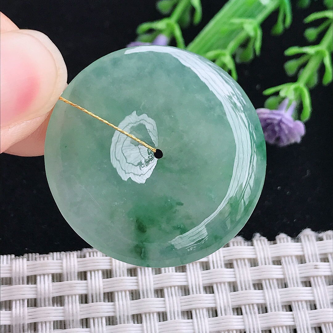 实拍A货翡翠33.3/5.2老坑冰胶冰晴绿飘花平安扣吊坠翡翠玉扣挂件