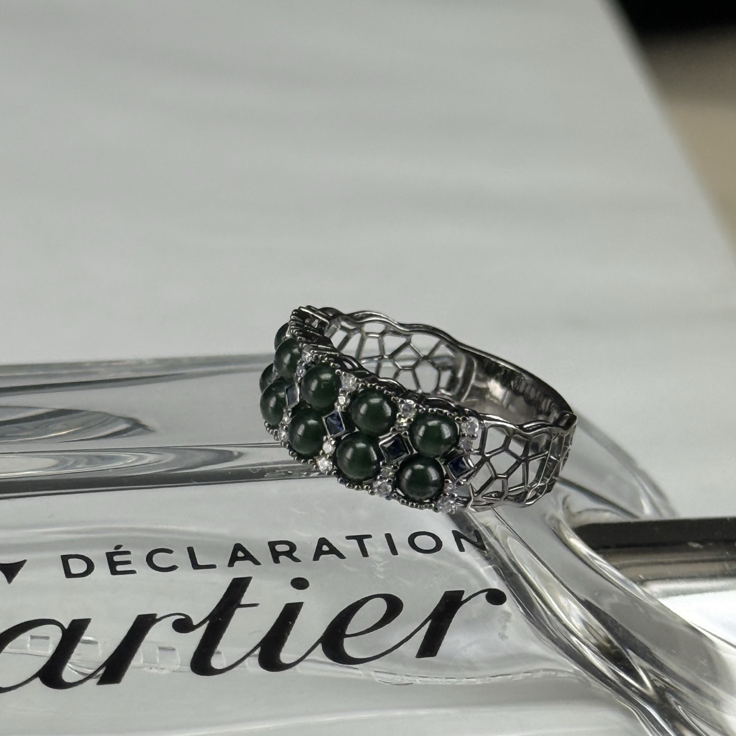 精品18k墨翠珠子女戒 种好色正 黑度极好 打灯通透 油性十足