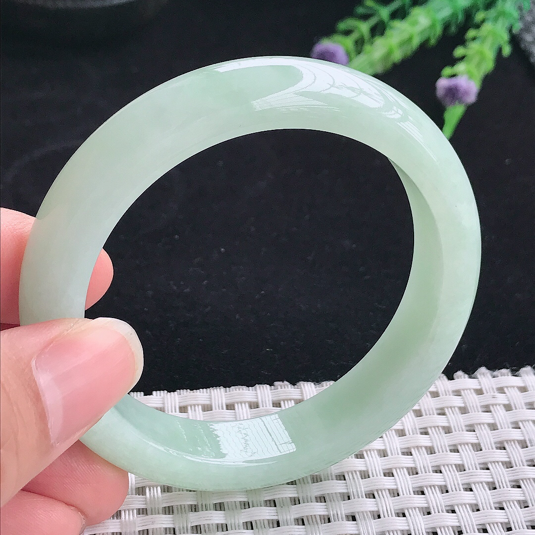 实拍A货翡翠55/12.7/8.5老坑冰润起胶冰晴绿手镯翡翠玉镯手环