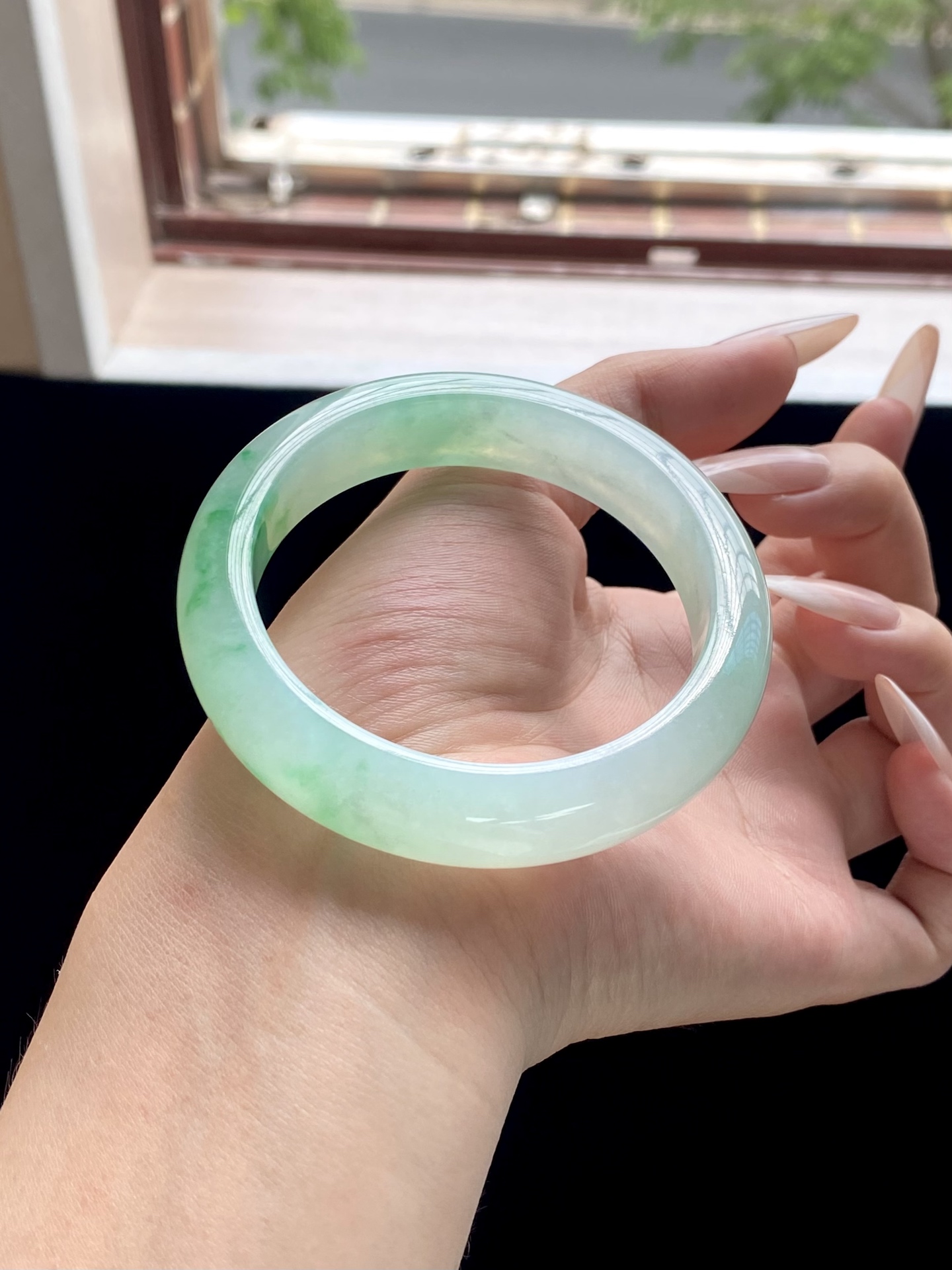 冰种白底青飘绿正圈成品，HYC-435，⭕️56.4-13.5-9.3