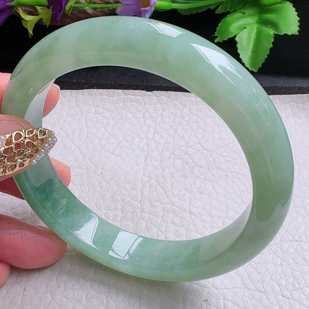 yh大圈口60.5*12.5*8.5平安镯 缅甸翡翠a货手镯冰晴绿正圈玉镯子