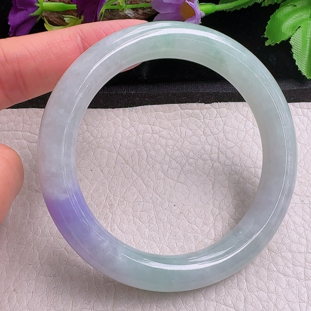 ss实拍59*11美人镯 缅甸翡翠a货手镯飘紫细润圆条玉镯子