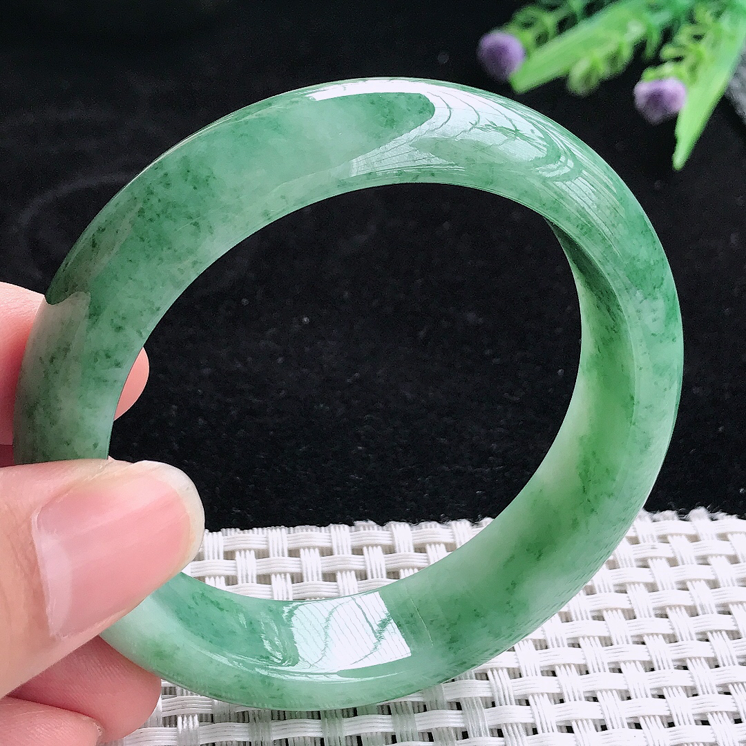 实拍A货翡翠57/15.5/8.5老坑冰润起胶飘花手镯翡翠玉镯平安镯