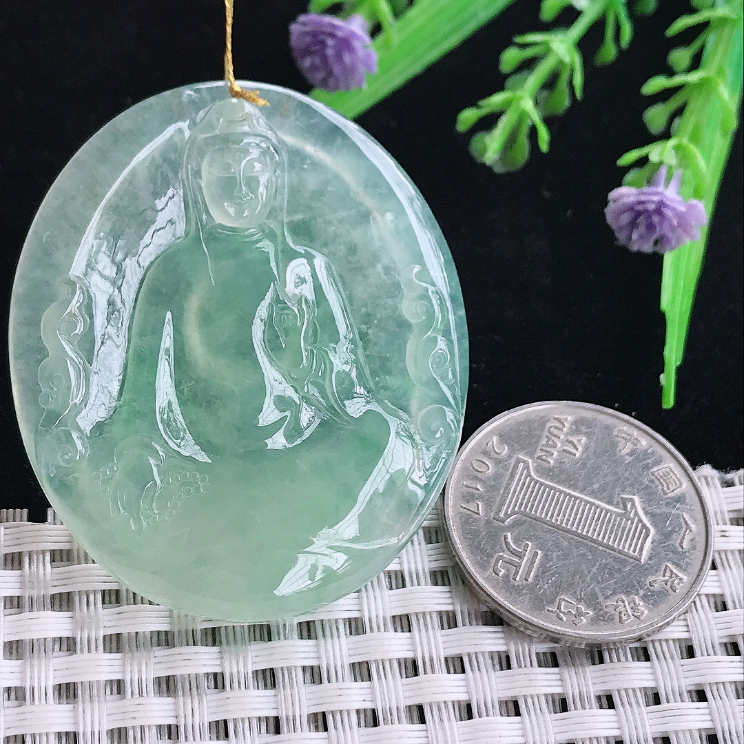 实拍A货翡翠47.5/40/6.3老坑冰胶果冻冰晴绿赐福观音吊坠翡翠玉观音挂件