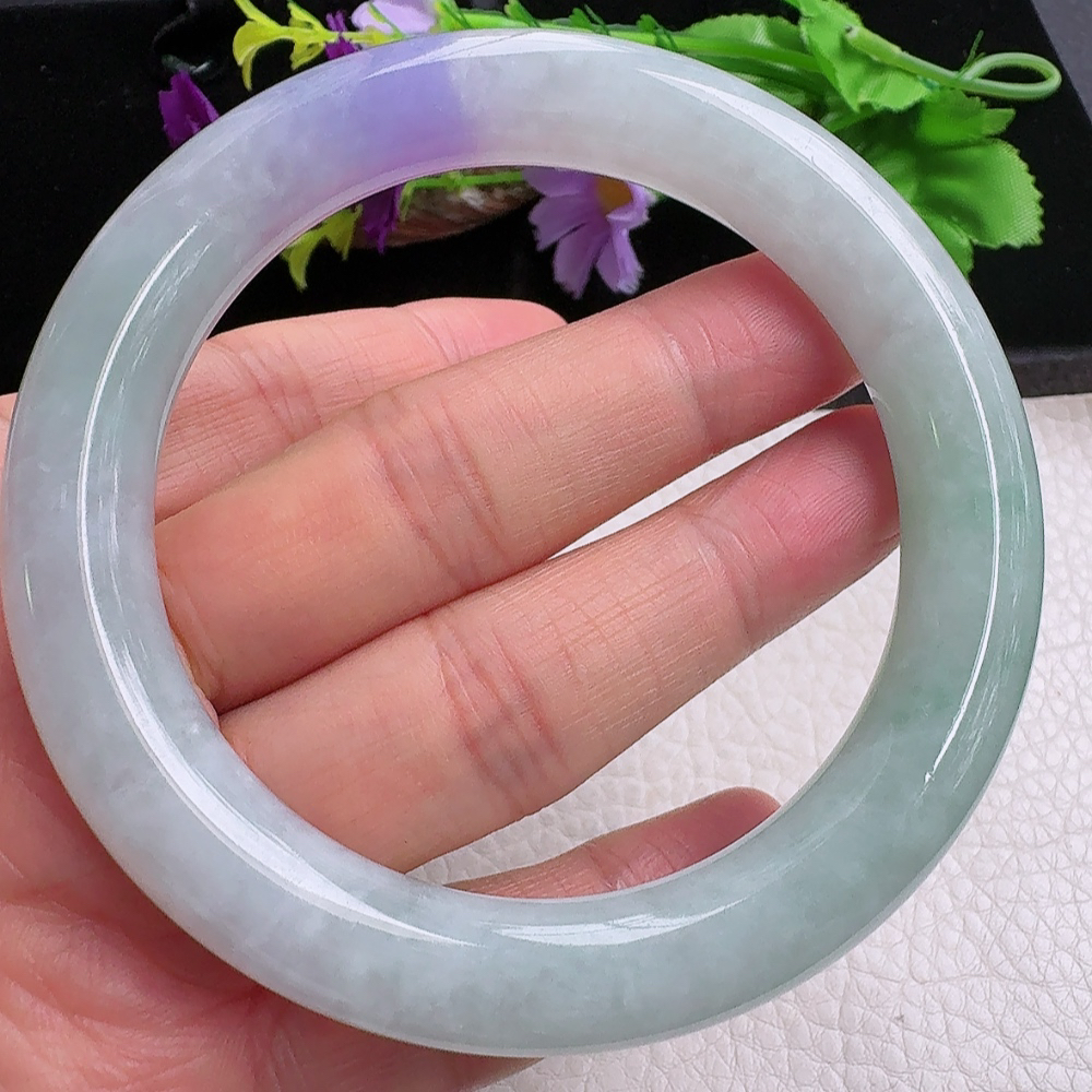 ss实拍59*11美人镯 缅甸翡翠a货手镯飘紫细润圆条玉镯子