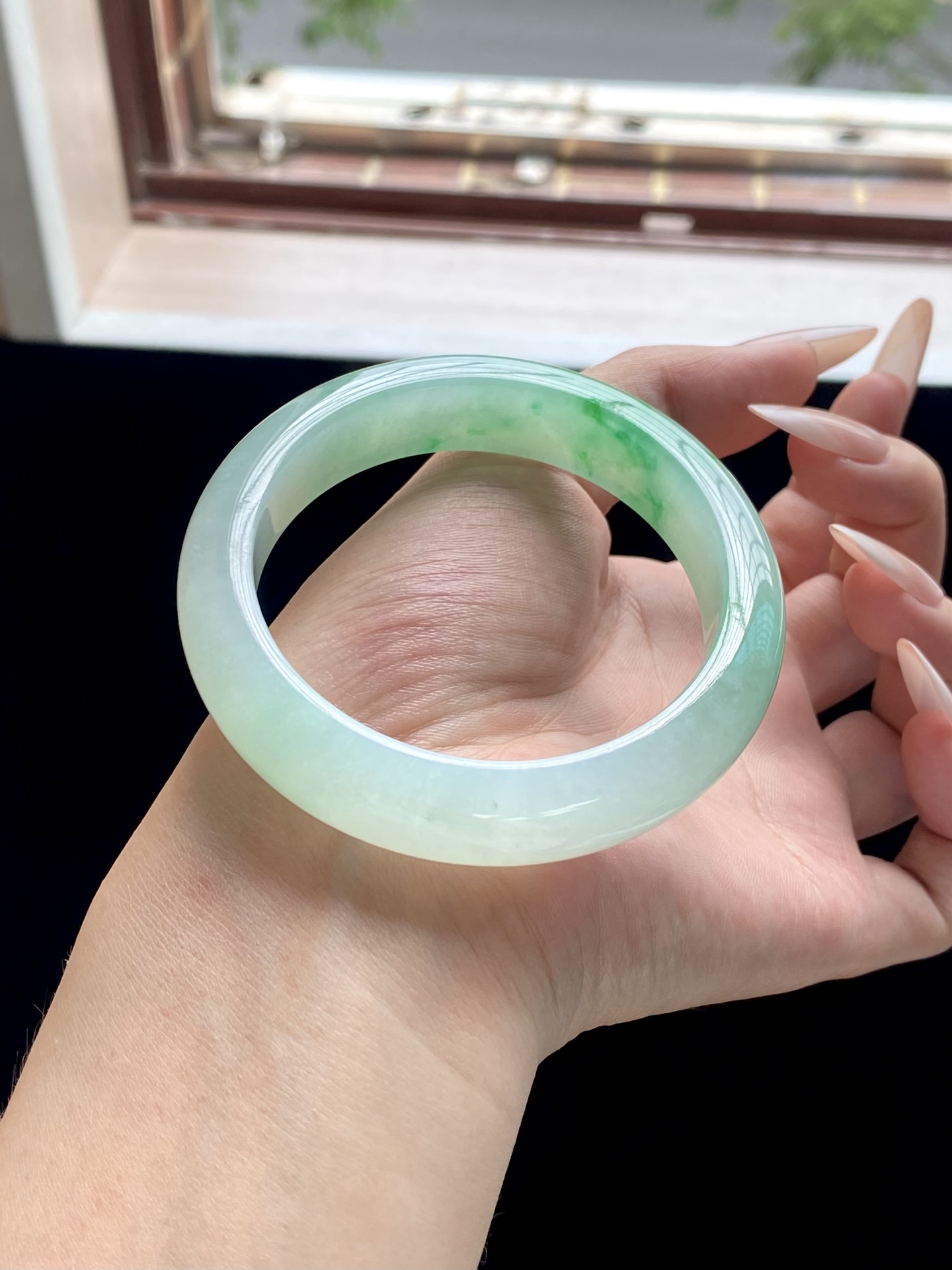 冰种白底青飘绿正圈成品，HYC-435，⭕️56.4-13.5-9.3