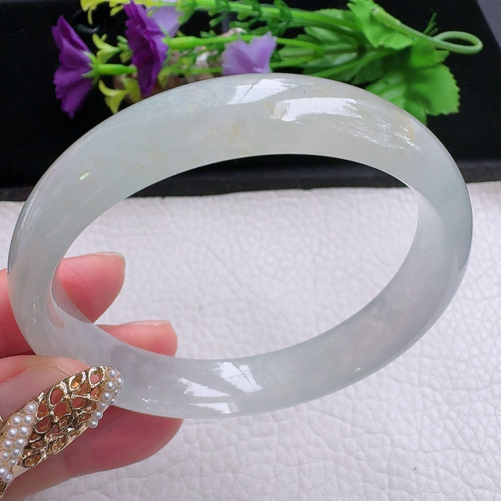 ss实拍59*12.8*7招财镯 缅甸翡翠a货手镯淡冰黄正圈玉镯子