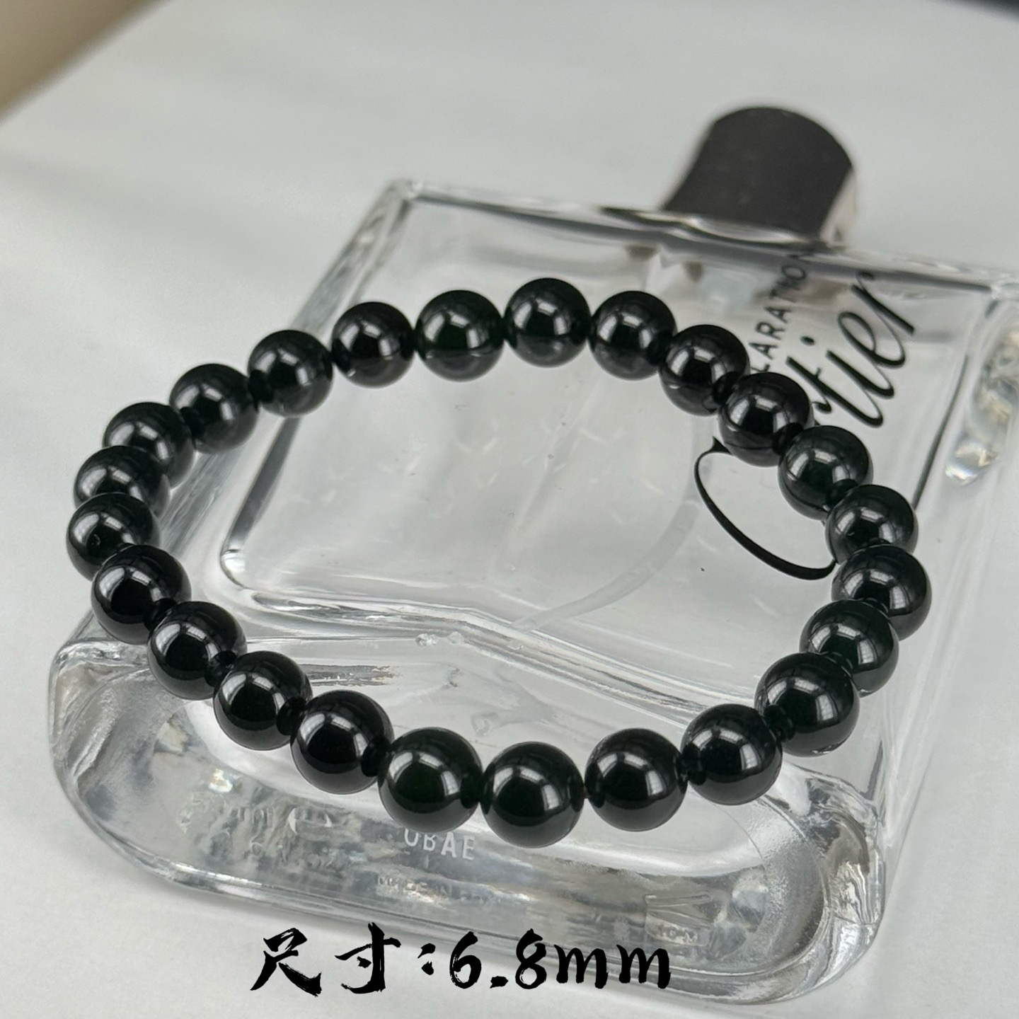 精品墨翠珠子手串 种好色正 黑度极好 打灯通透 油性十足 尺寸6.8
