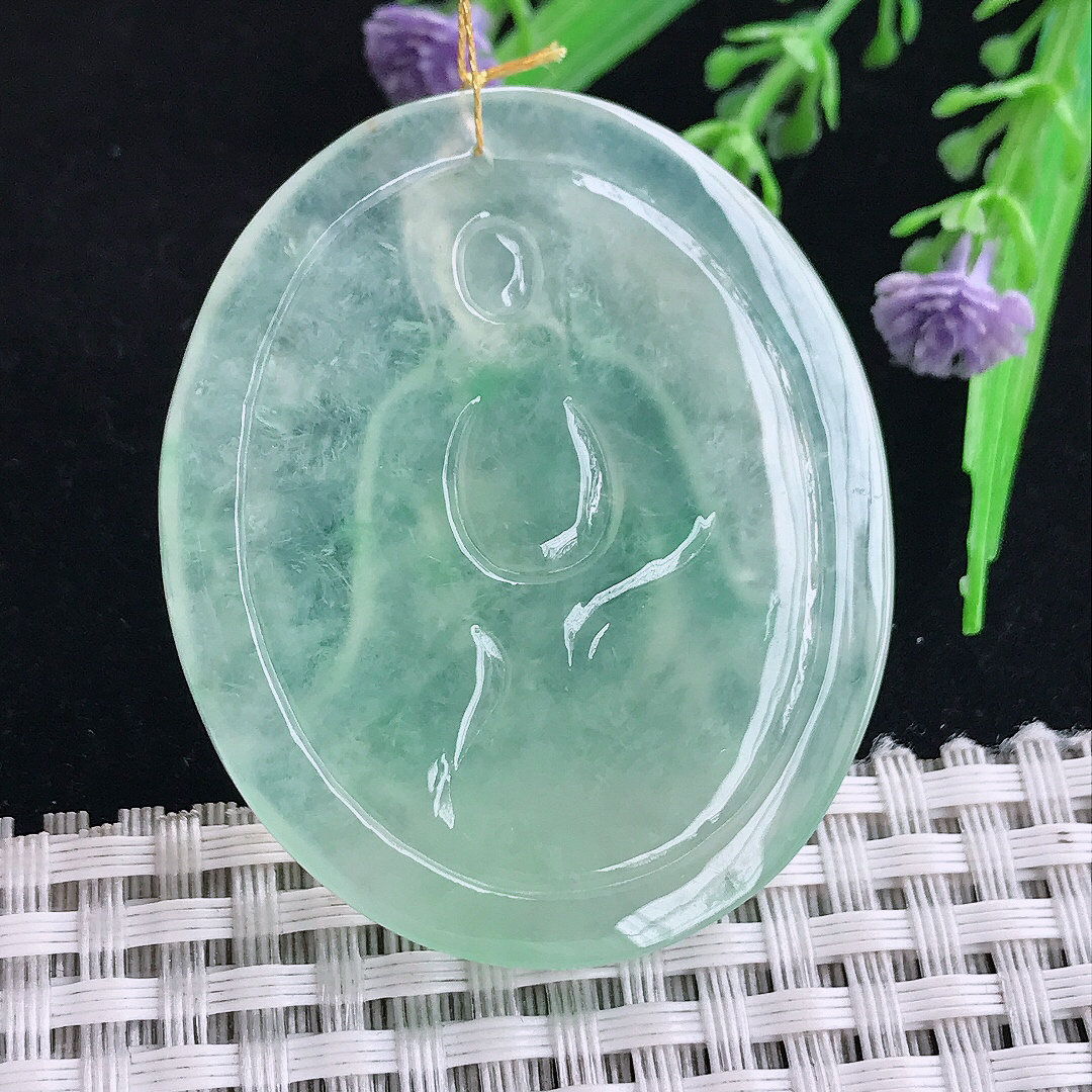 实拍A货翡翠47.5/40/6.3老坑冰胶果冻冰晴绿赐福观音吊坠翡翠玉观音挂件