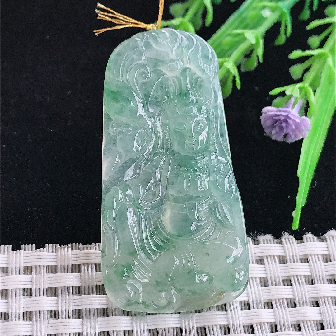 实拍A货翡翠49/25.2/6.5老坑冰晴观音菩萨吊坠翡翠玉坠挂件