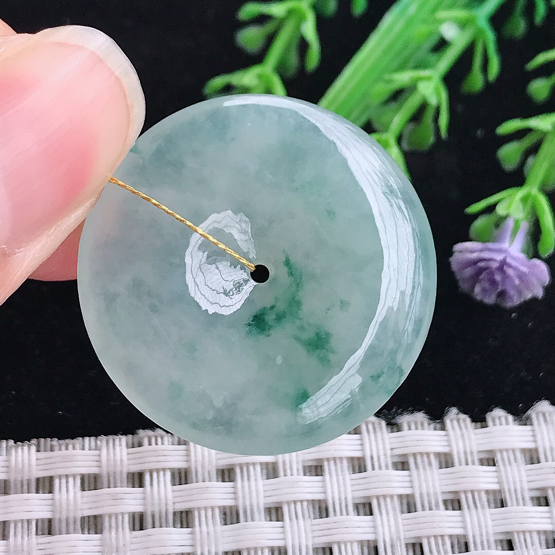 实拍A货翡翠30.6/5.4老坑冰胶飘花平安扣吊坠翡翠玉扣挂件