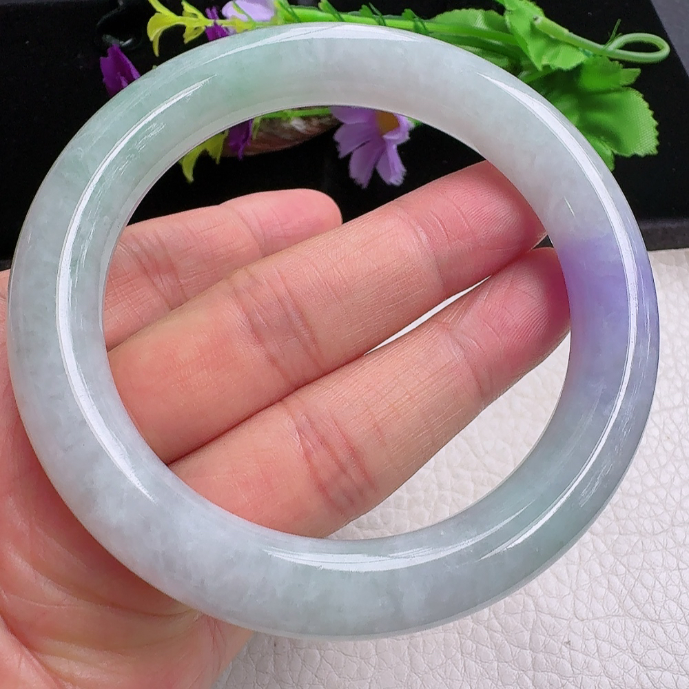 ss实拍59*11美人镯 缅甸翡翠a货手镯飘紫细润圆条玉镯子