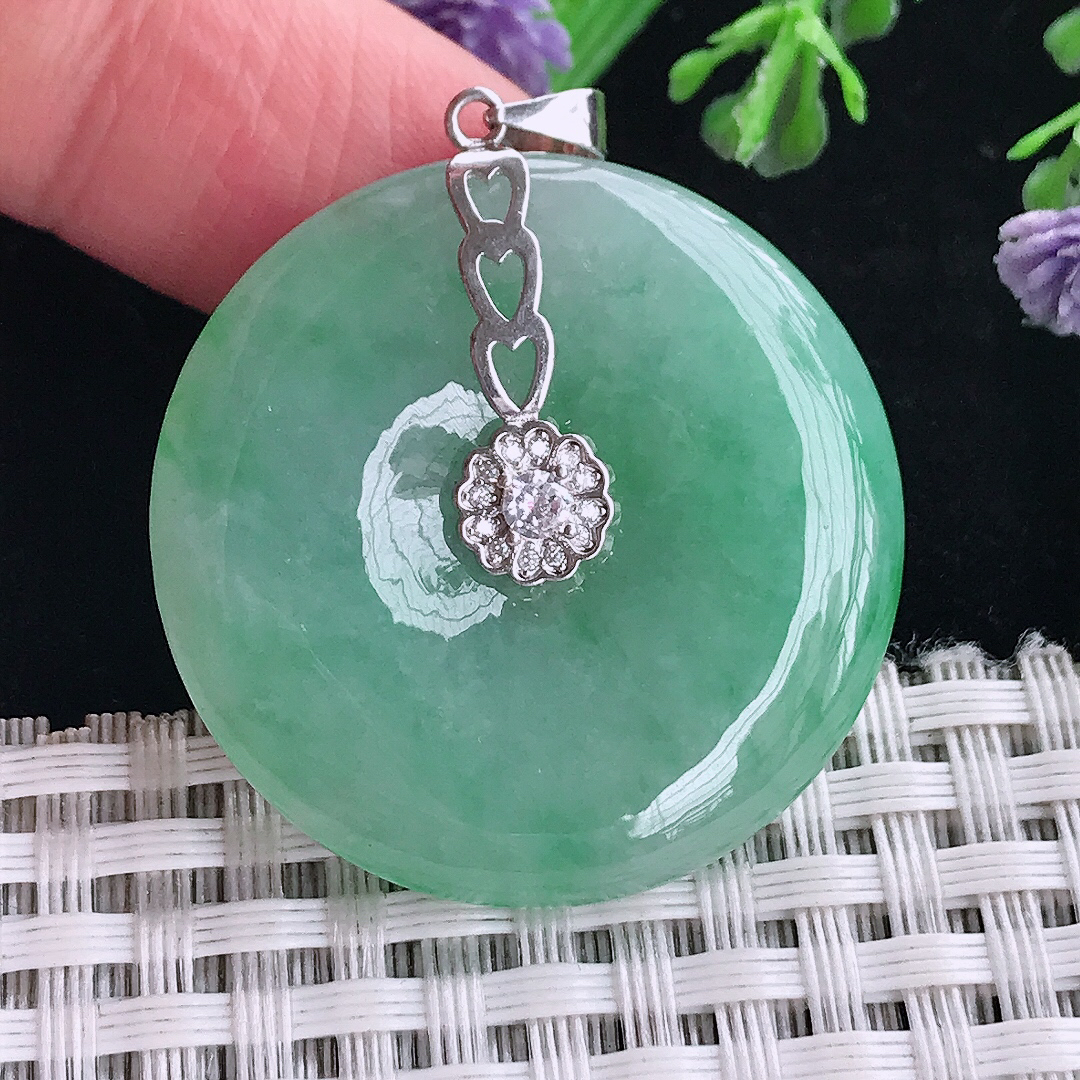 实拍A货翡翠33.8/6老坑18k金镶嵌满绿平安扣吊坠翡翠玉扣挂件