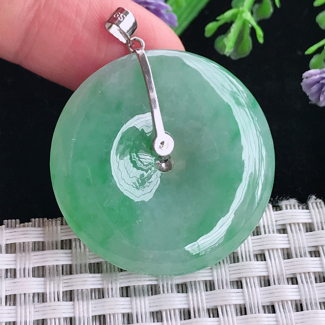 实拍A货翡翠33.8/6老坑18k金镶嵌满绿平安扣吊坠翡翠玉扣挂件