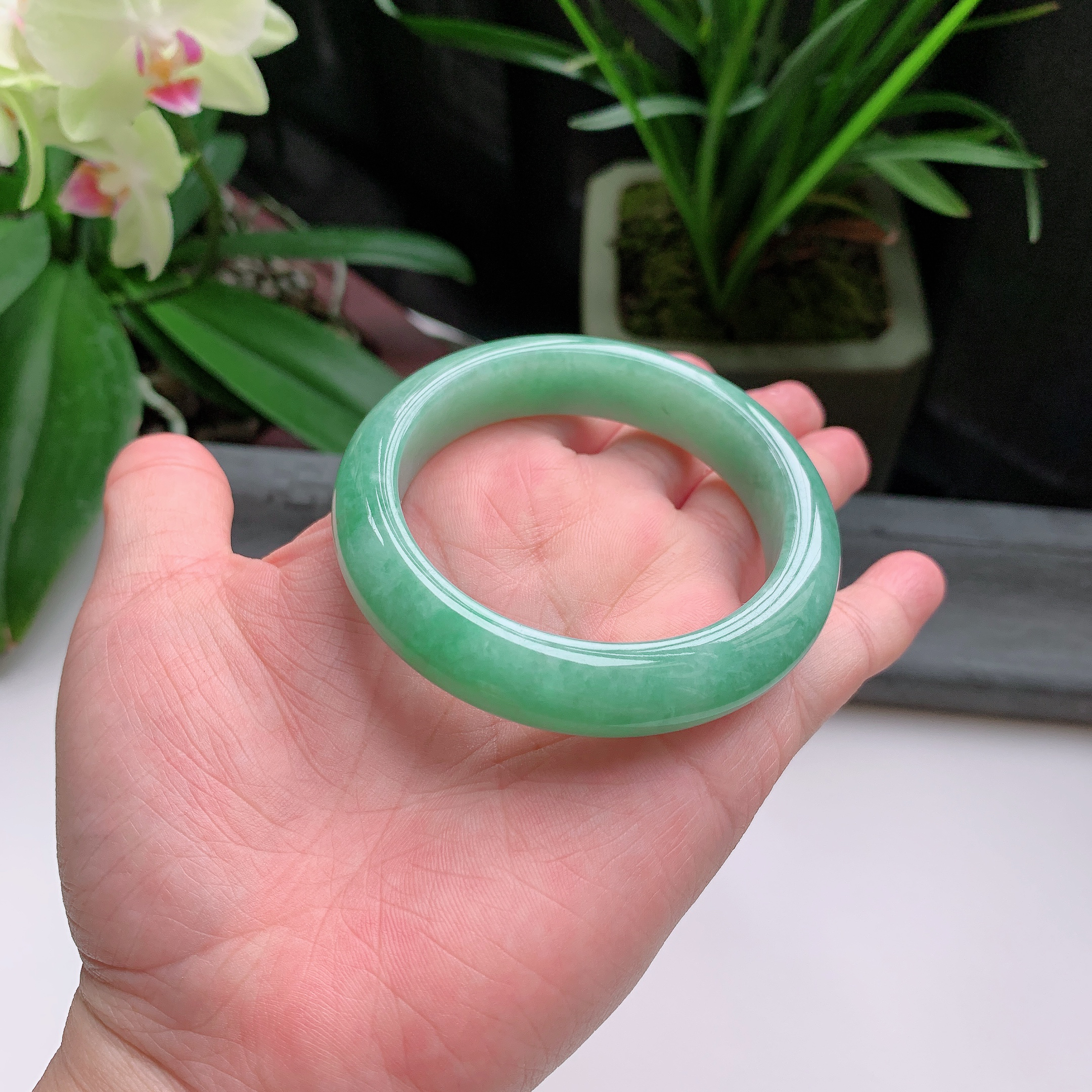 正圈53圈口，天然A货翡翠冰糯种水润满色果绿玉手镯，水润秀丽，飘花灵动，种水十足，视觉甜美可人，恰到好处的美，十分高雅耐看，条形优美，上手优雅大方。62.10