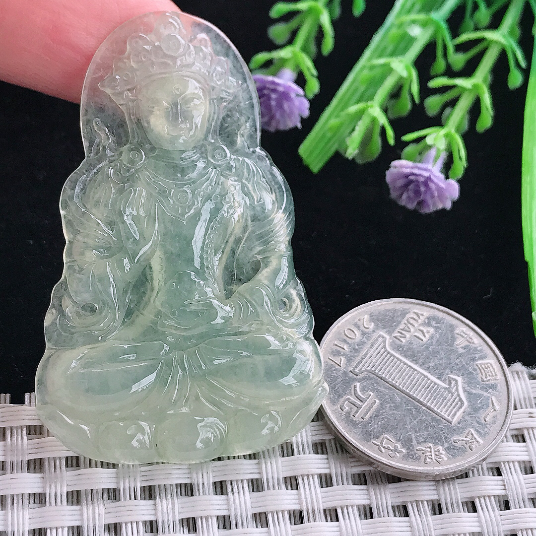 实拍A货翡翠52.8/34/4.8老坑冰胶冰晴绿度母菩萨吊坠翡翠玉坠挂件