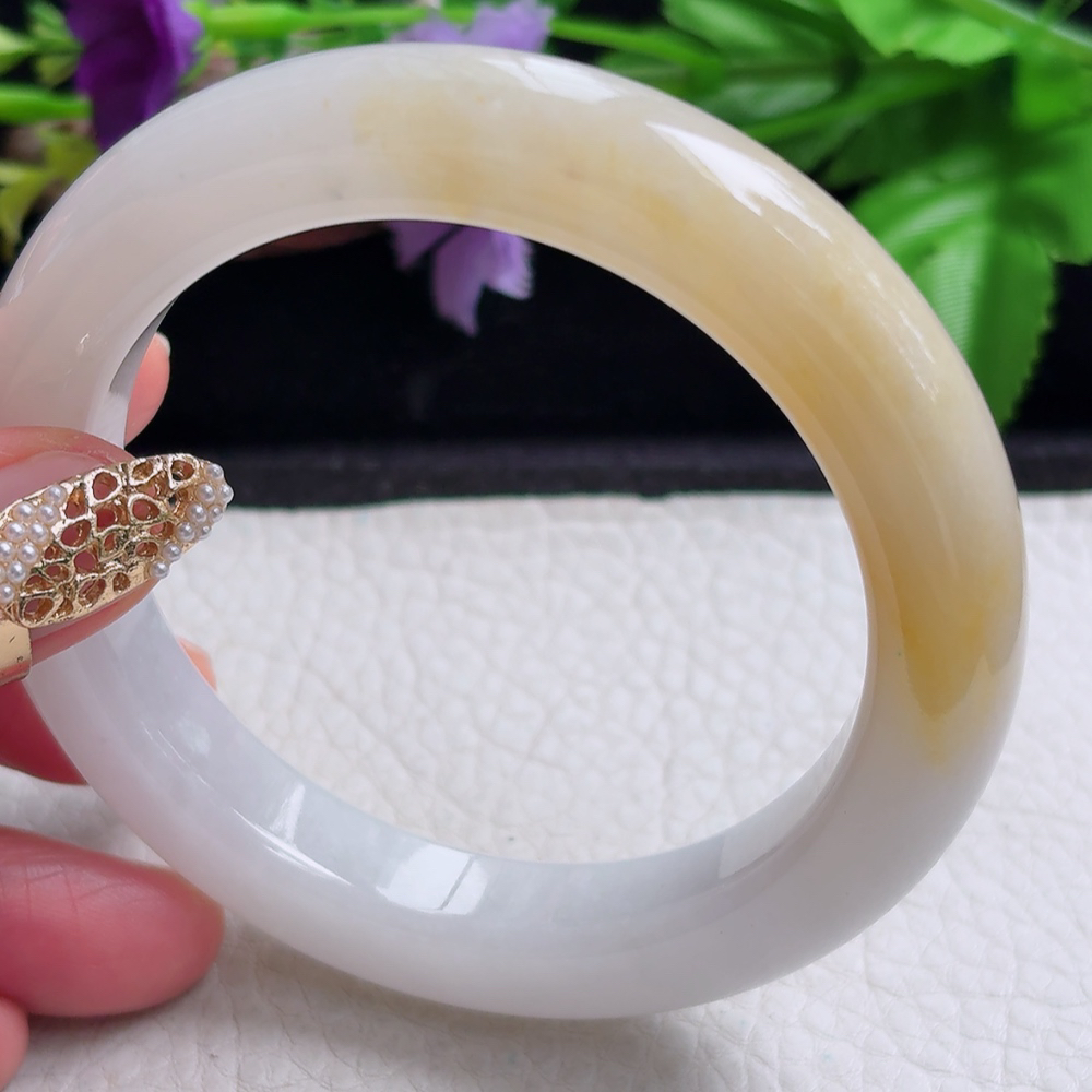 ss大圈口60*12.2*10.6招财镯 缅甸翡翠a货手镯半水冰黄正圈玉镯子