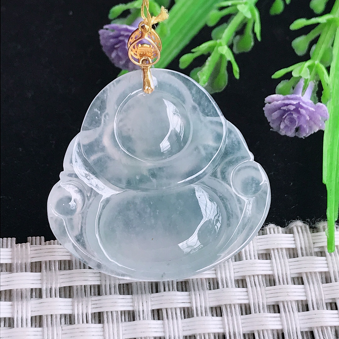 实拍A货翡翠29.8/31.8/5.5老坑18k金镶嵌冰种佛公吊坠翡翠玉坠挂件