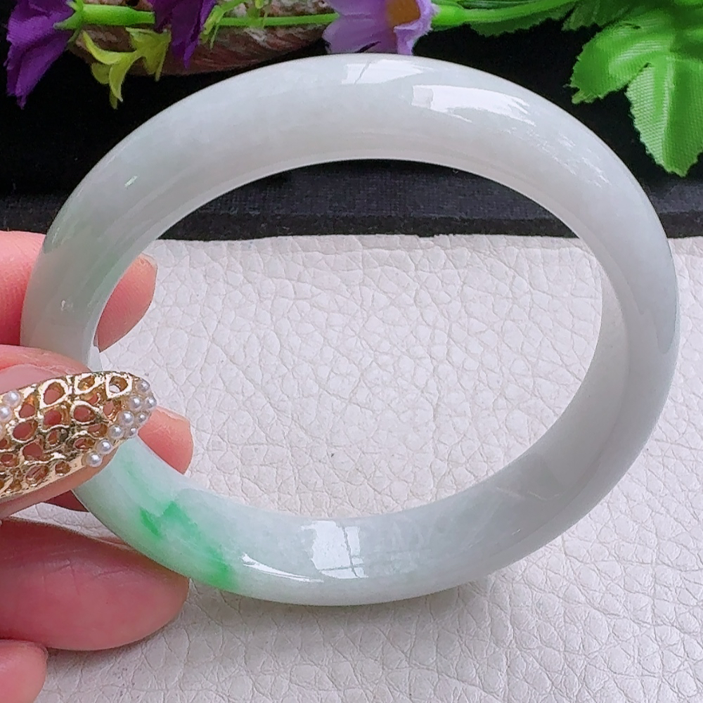 xx实拍55*12*7.2平安镯 缅甸翡翠a货手镯飘绿细润正圈玉镯子