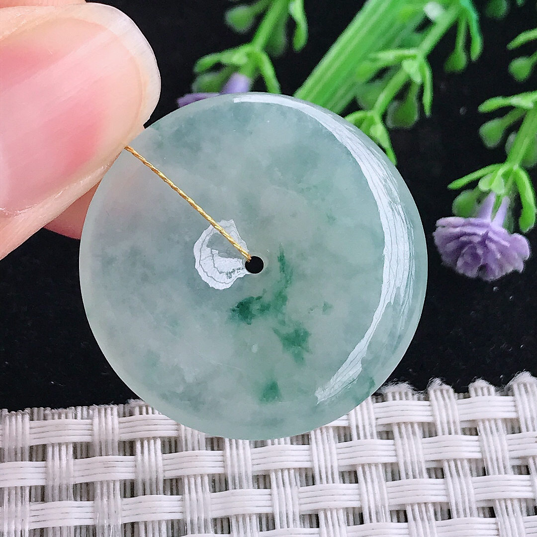 实拍A货翡翠30.6/5.4老坑冰胶飘花平安扣吊坠翡翠玉扣挂件