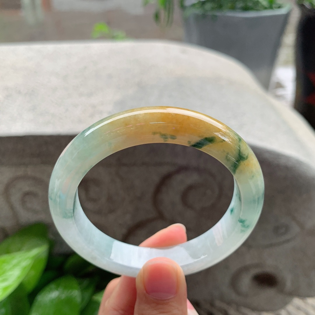 圈口 56.7-11.8-8.8【飘花黄翡正圈手镯】正圈56 57可戴