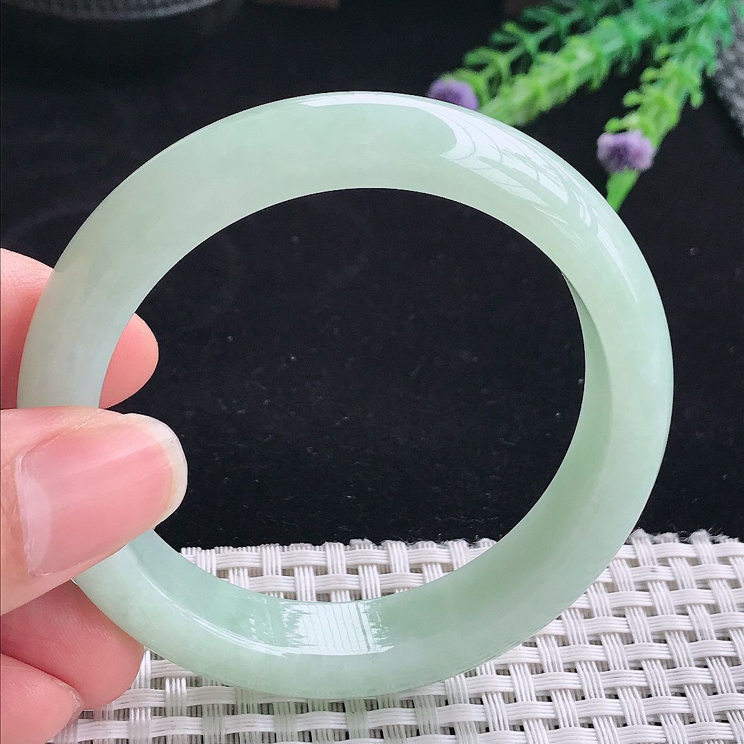 实拍A货翡翠55/12.7/8.5老坑冰润起胶冰晴绿手镯翡翠玉镯手环