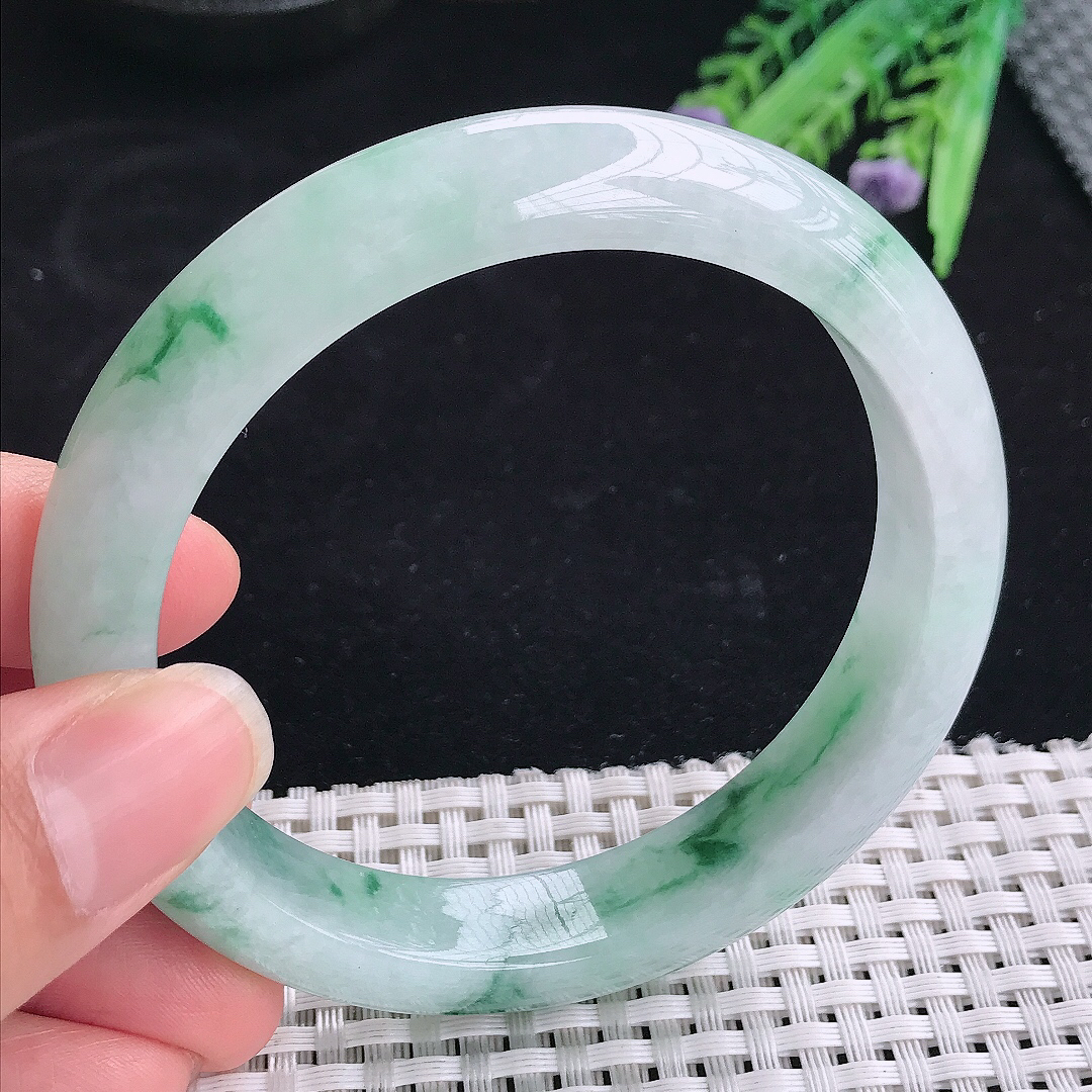 实拍A货翡翠62/12.9/8.8大圈口老坑冰胶冰飘花手镯翡翠玉镯平安镯