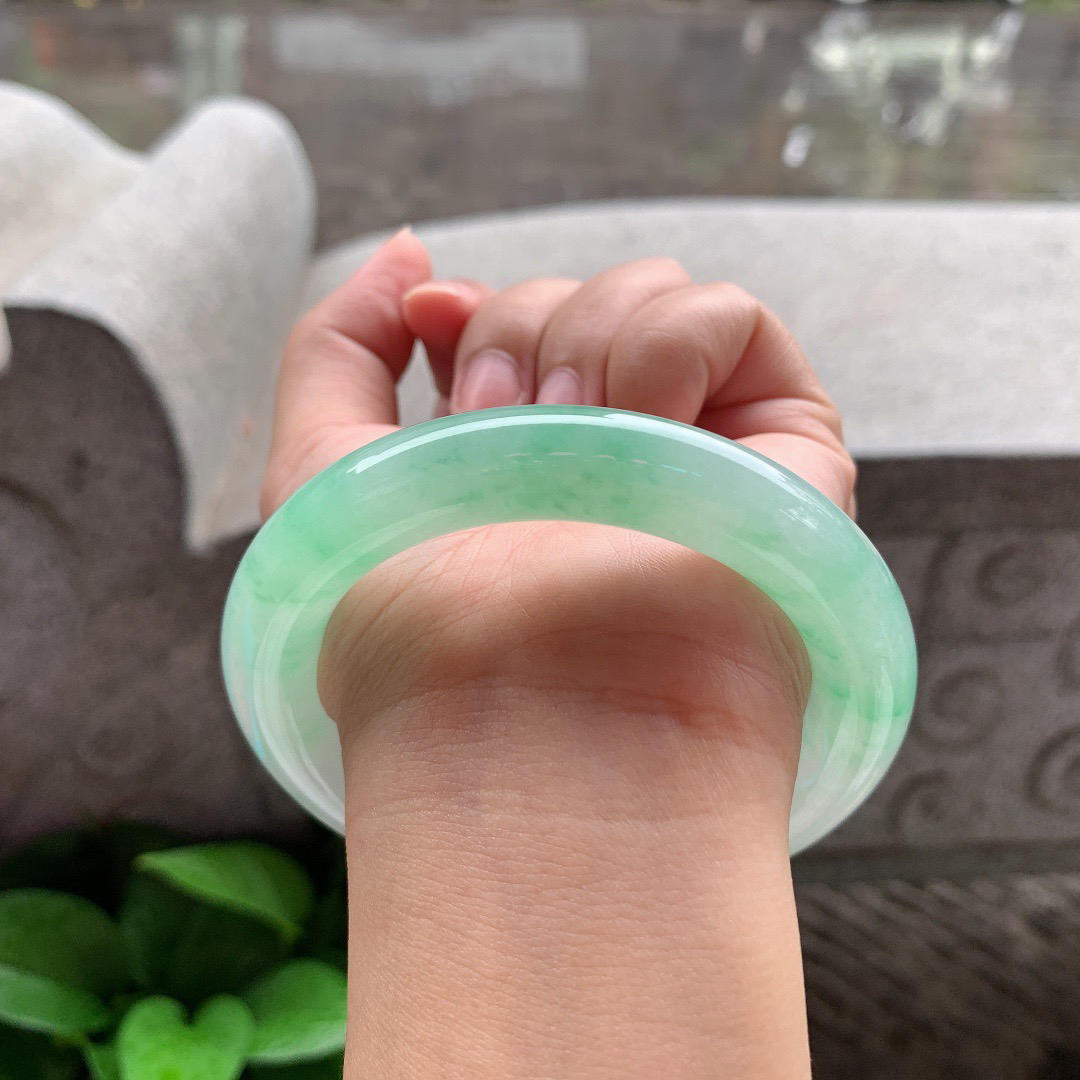 大圈口58.8-11.3 【冰飘绿圆条手镯】圆条58 59可戴