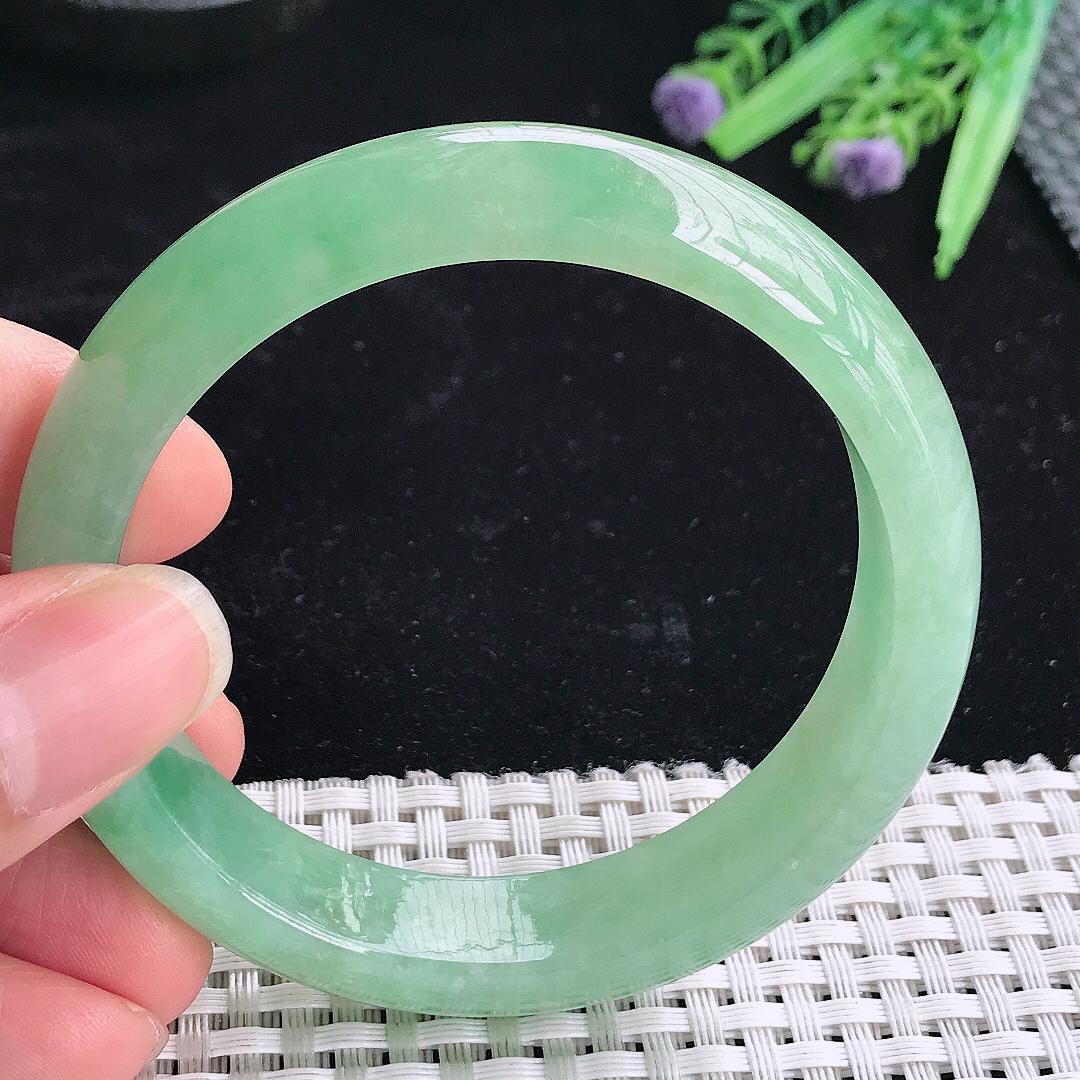 实拍A货翡翠57/13.6/8老坑冰胶果冻冰晴满绿手镯翡翠玉镯平安镯