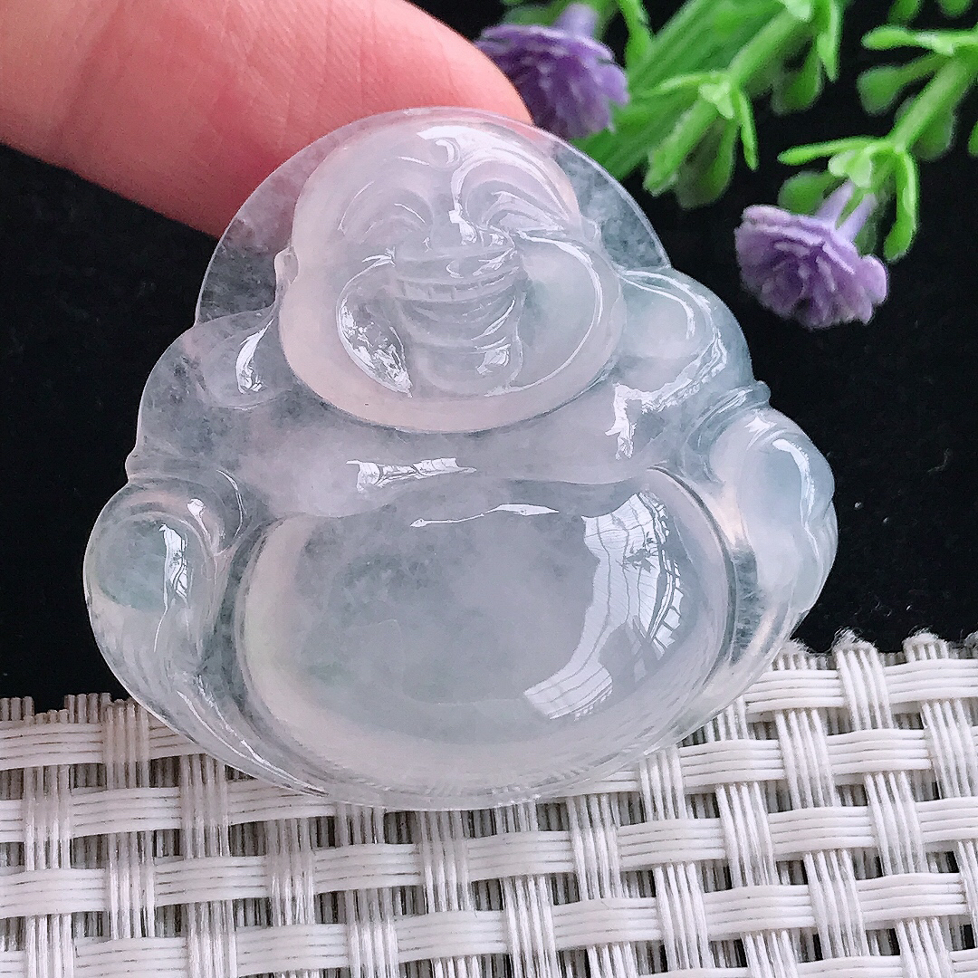 实拍A货翡翠38/41.3/8.6老坑冰种起胶白冰大佛公吊坠翡翠玉坠挂件