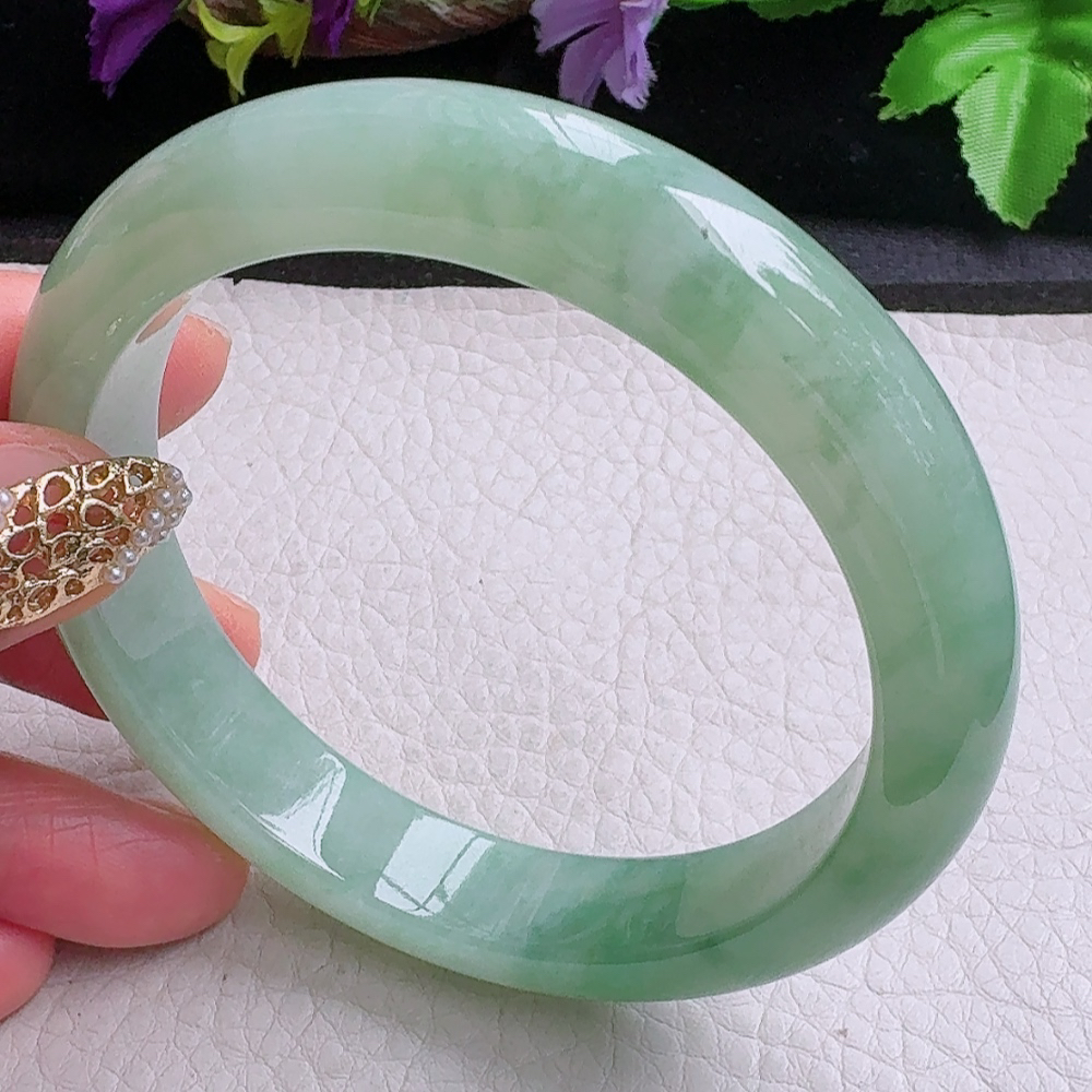 yh大圈口60.5*12.5*8.5平安镯 缅甸翡翠a货手镯冰晴绿正圈玉镯子
