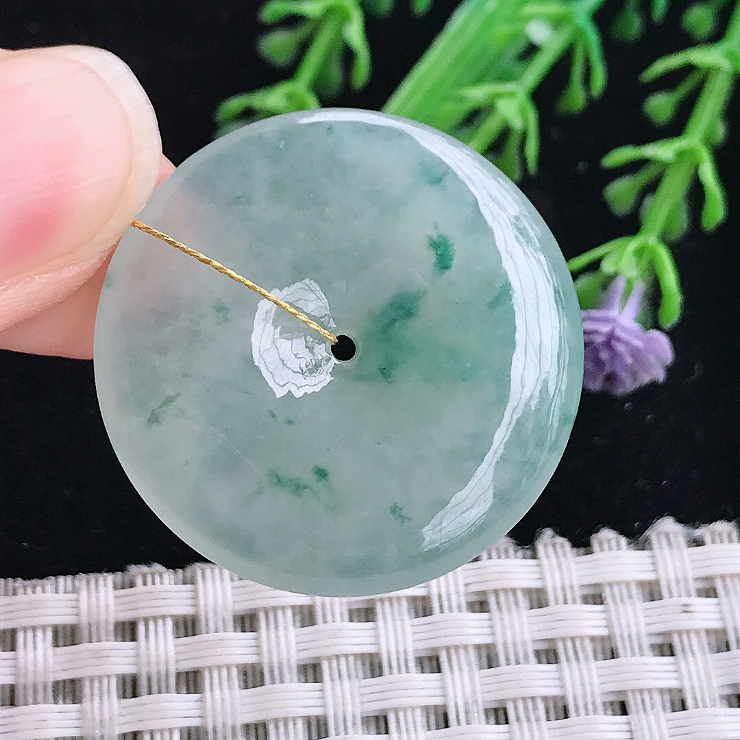 实拍A货翡翠30.6/5.4老坑冰胶飘花平安扣吊坠翡翠玉扣挂件