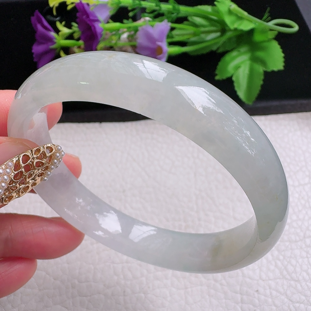 ss实拍59*12.8*7招财镯 缅甸翡翠a货手镯淡冰黄正圈玉镯子