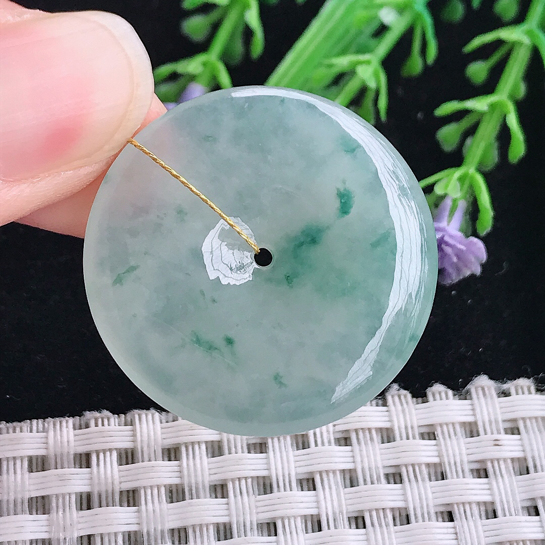 实拍A货翡翠30.6/5.4老坑冰胶飘花平安扣吊坠翡翠玉扣挂件