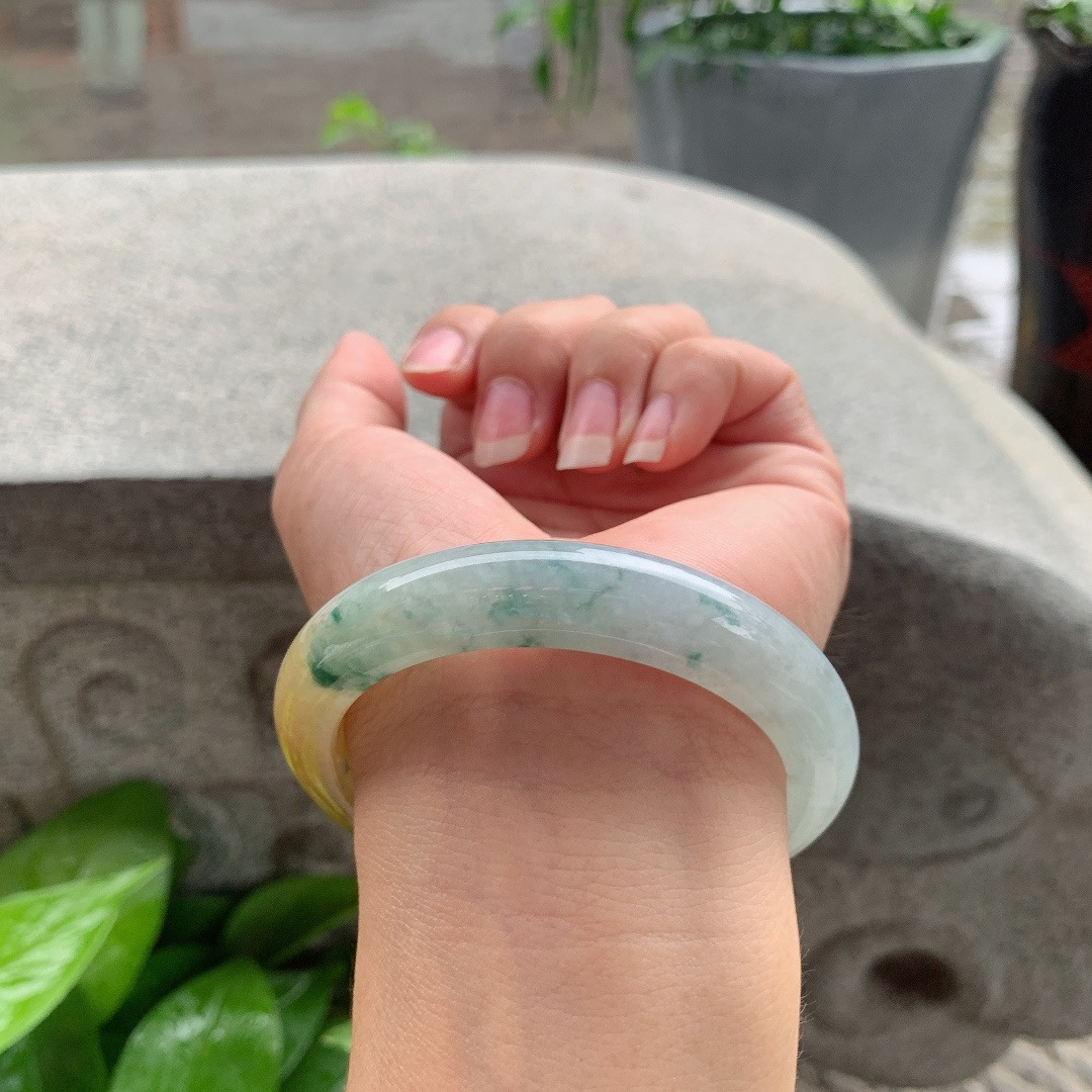 圈口 56.7-11.8-8.8【飘花黄翡正圈手镯】正圈56 57可戴