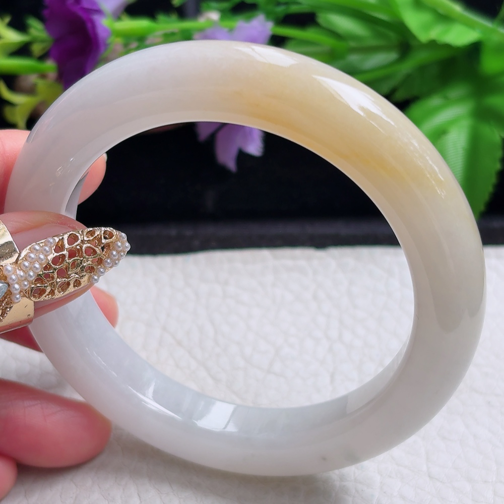 ss大圈口60*12.2*10.6招财镯 缅甸翡翠a货手镯半水冰黄正圈玉镯子