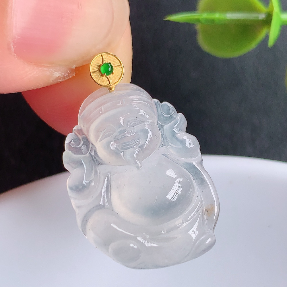 18k金扣冰润天然A货翡翠财神爷吊坠，W449.27尺寸21.6-13.2-4.8