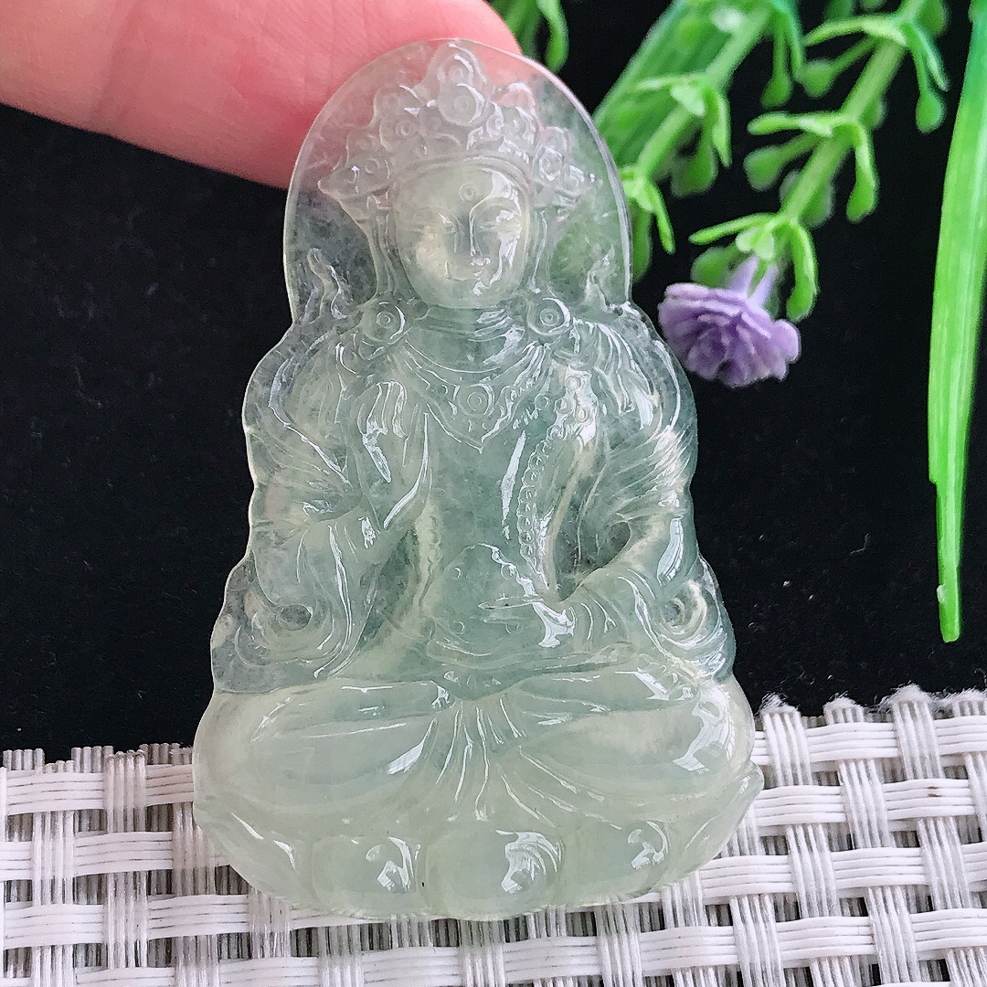 实拍A货翡翠52.8/34/4.8老坑冰胶冰晴绿度母菩萨吊坠翡翠玉坠挂件