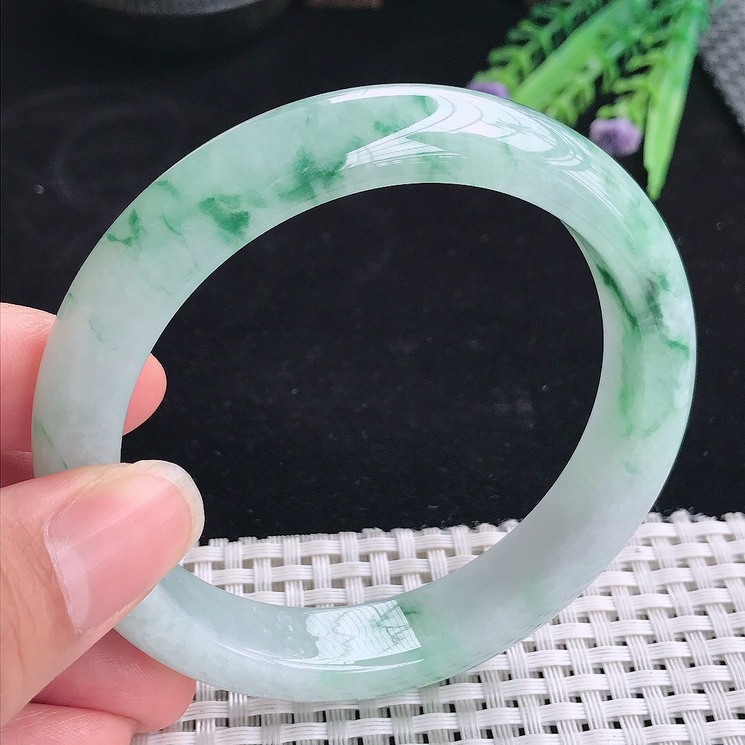 实拍A货翡翠62/12.9/8.8大圈口老坑冰胶冰飘花手镯翡翠玉镯平安镯