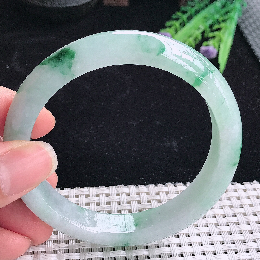 实拍A货翡翠62/12.9/8.8大圈口老坑冰胶冰飘花手镯翡翠玉镯平安镯