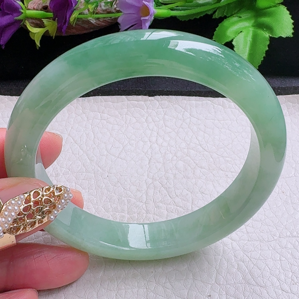 yh大圈口60.5*12.5*8.5平安镯 缅甸翡翠a货手镯冰晴绿正圈玉镯子