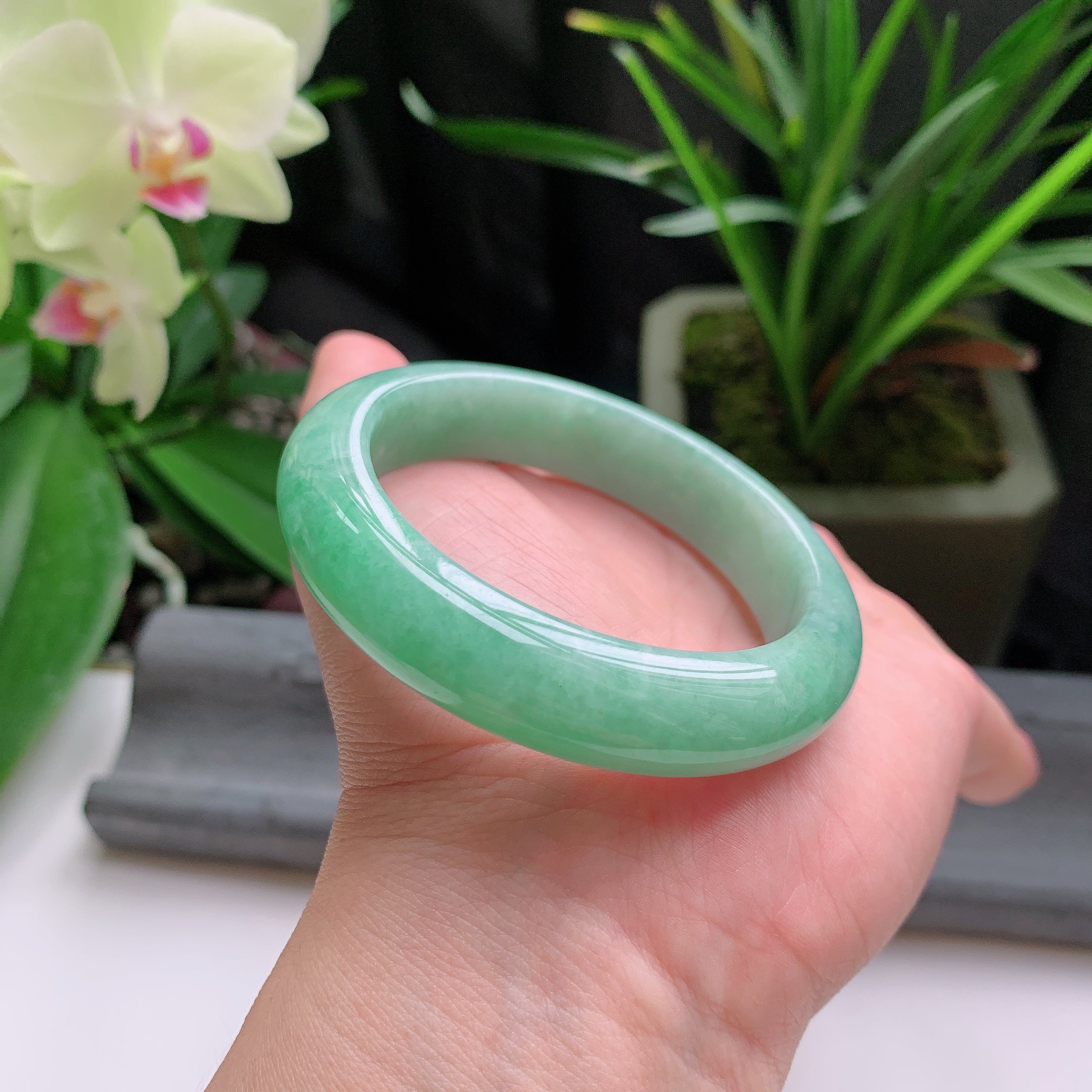 正圈53圈口，天然A货翡翠冰糯种水润满色果绿玉手镯，水润秀丽，飘花灵动，种水十足，视觉甜美可人，恰到好处的美，十分高雅耐看，条形优美，上手优雅大方。62.10