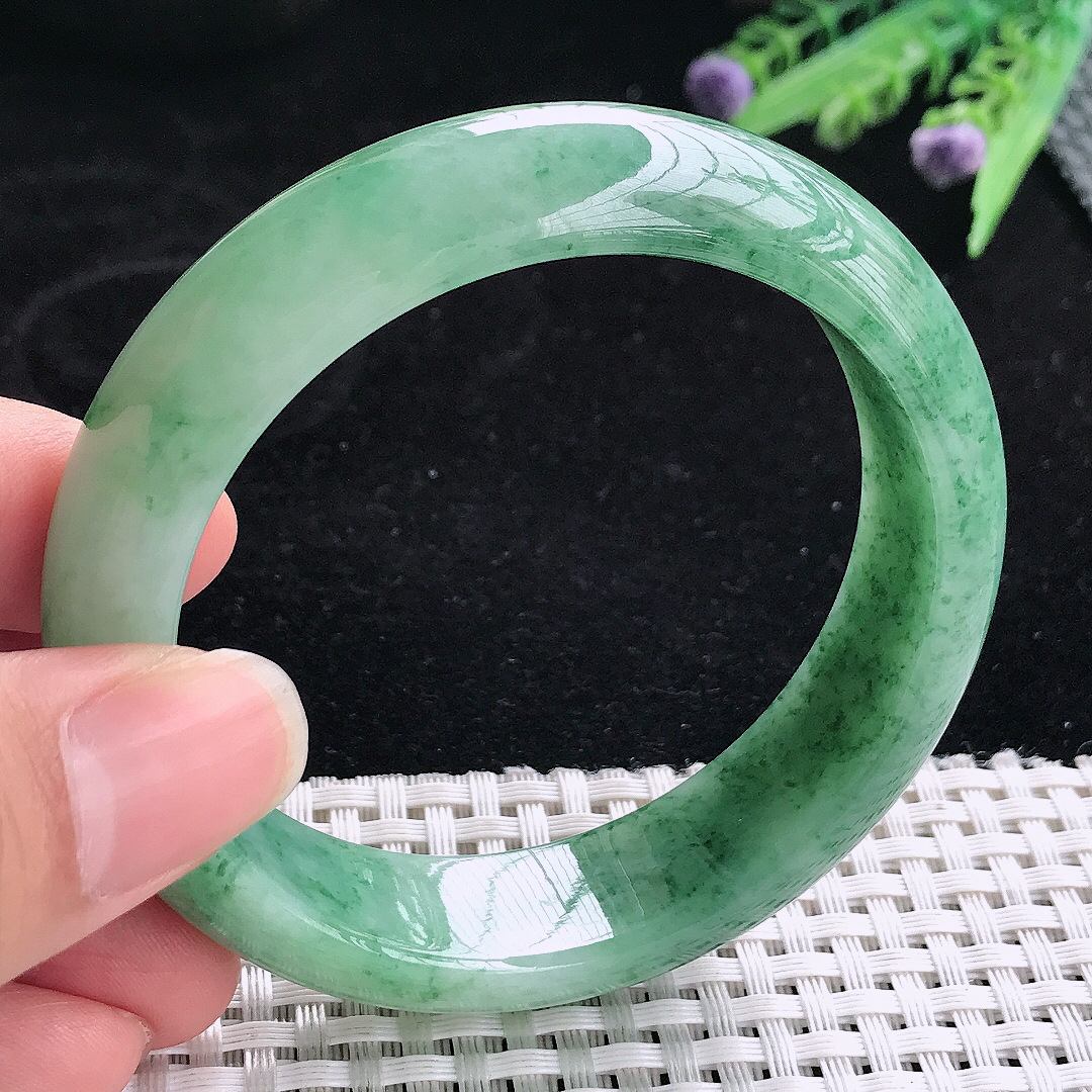 实拍A货翡翠57/15.5/8.5老坑冰润起胶飘花手镯翡翠玉镯平安镯